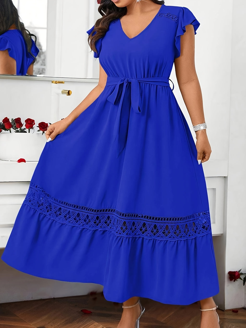 Robe longue grande taille — Galon ajouré ton sur ton en sauge