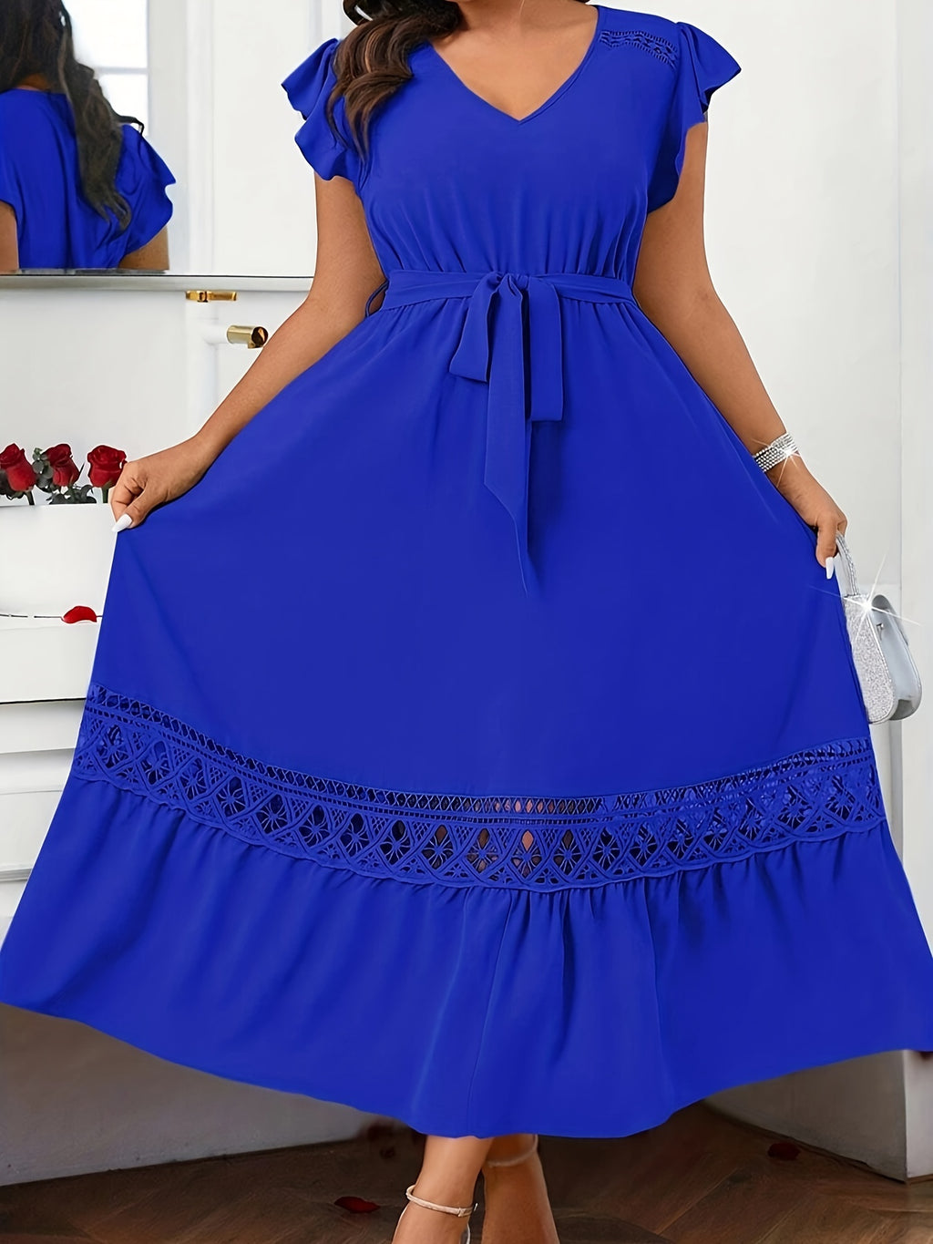 Robe longue grande taille — Galon ajouré ton sur ton en sauge