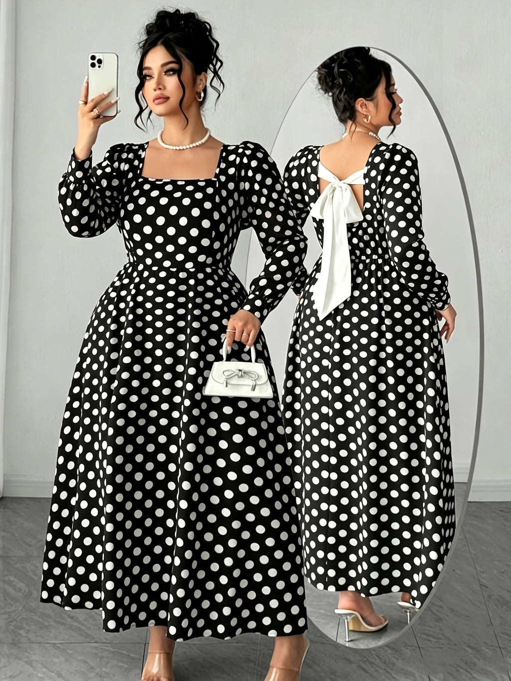 Robe longue grande taille — Gros pois, grand nœud dorsal