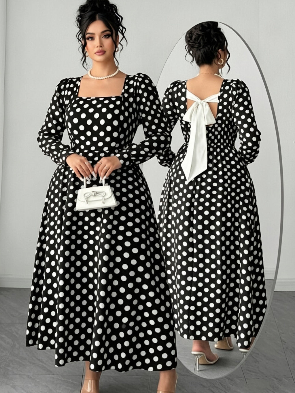 Robe longue grande taille — Gros pois, grand nœud dorsal