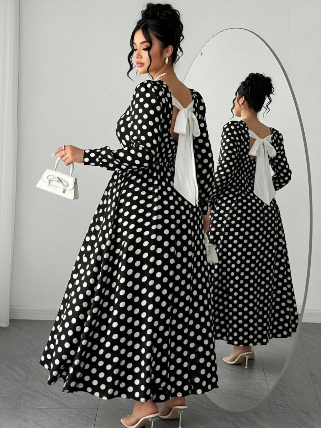 Robe longue grande taille — Gros pois, grand nœud dorsal