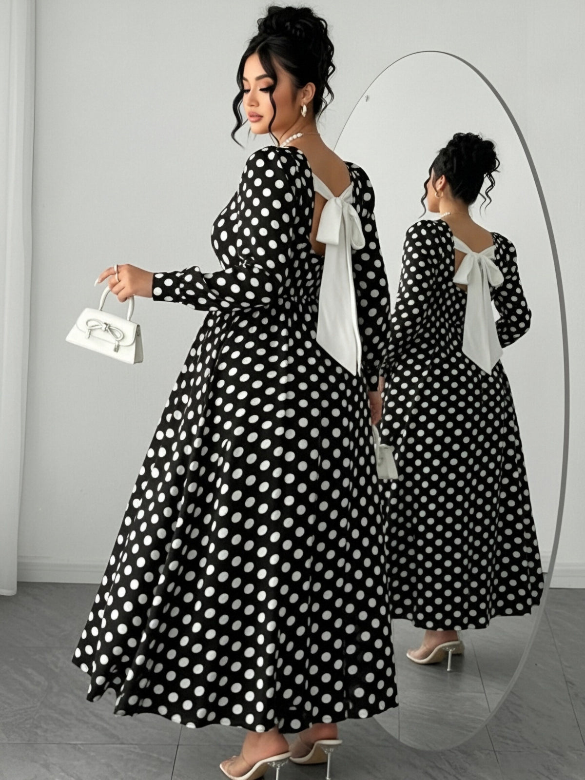 Robe longue grande taille — Gros pois, grand nœud dorsal