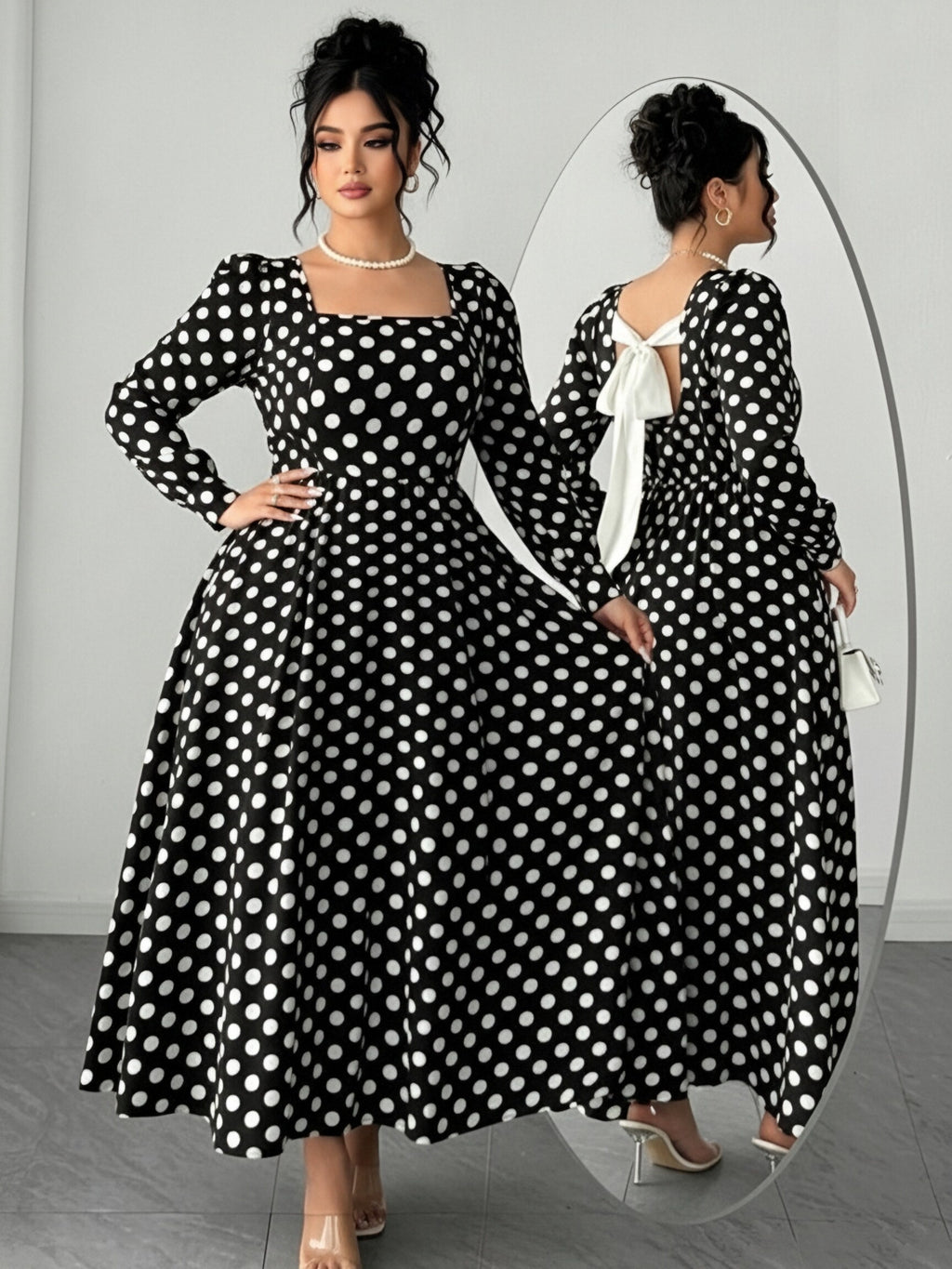 Robe longue grande taille — Gros pois, grand nœud dorsal