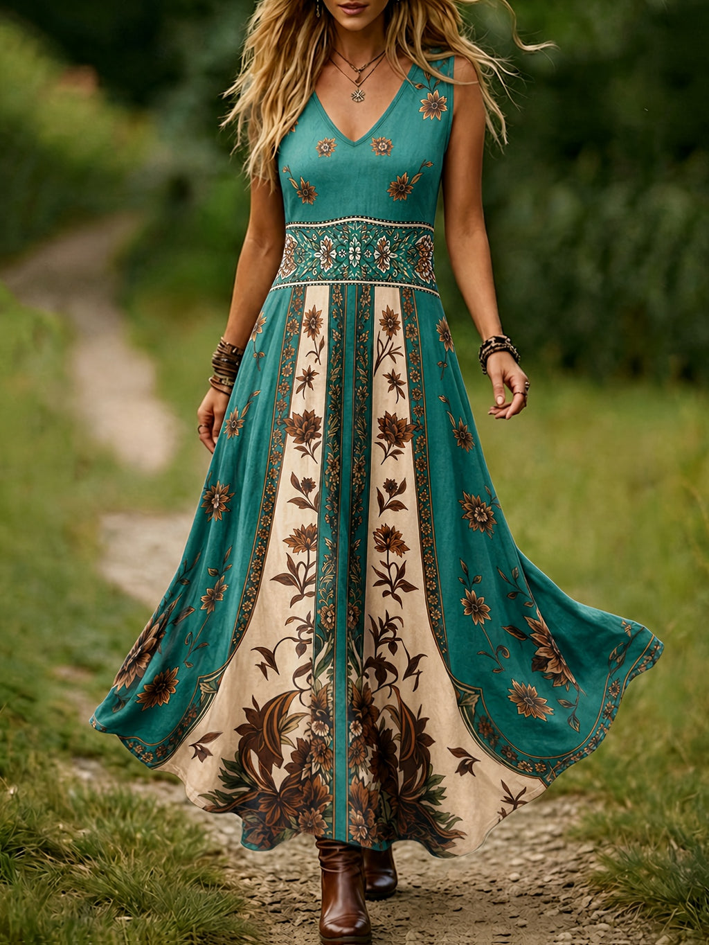 Robe longue grande taille — Imprimé botanique vert et crème