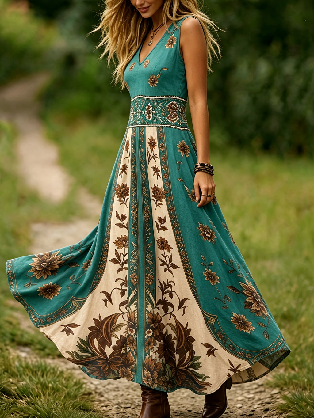 Robe longue grande taille — Imprimé botanique vert et crème