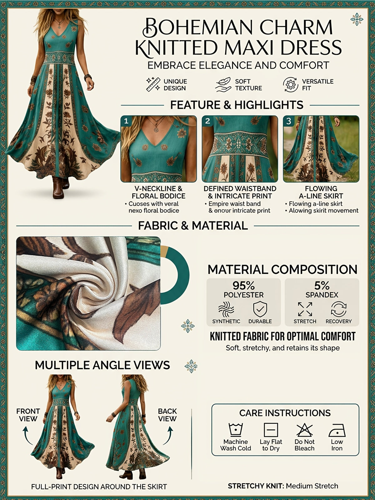 Robe longue grande taille — Imprimé botanique vert et crème