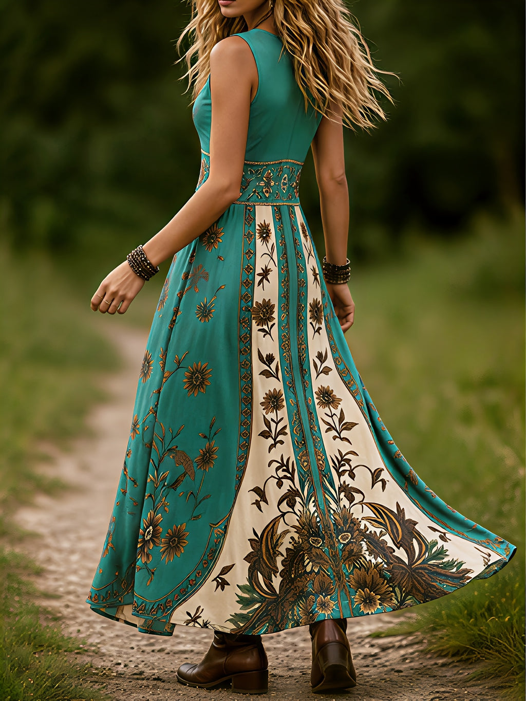Robe longue grande taille — Imprimé botanique vert et crème