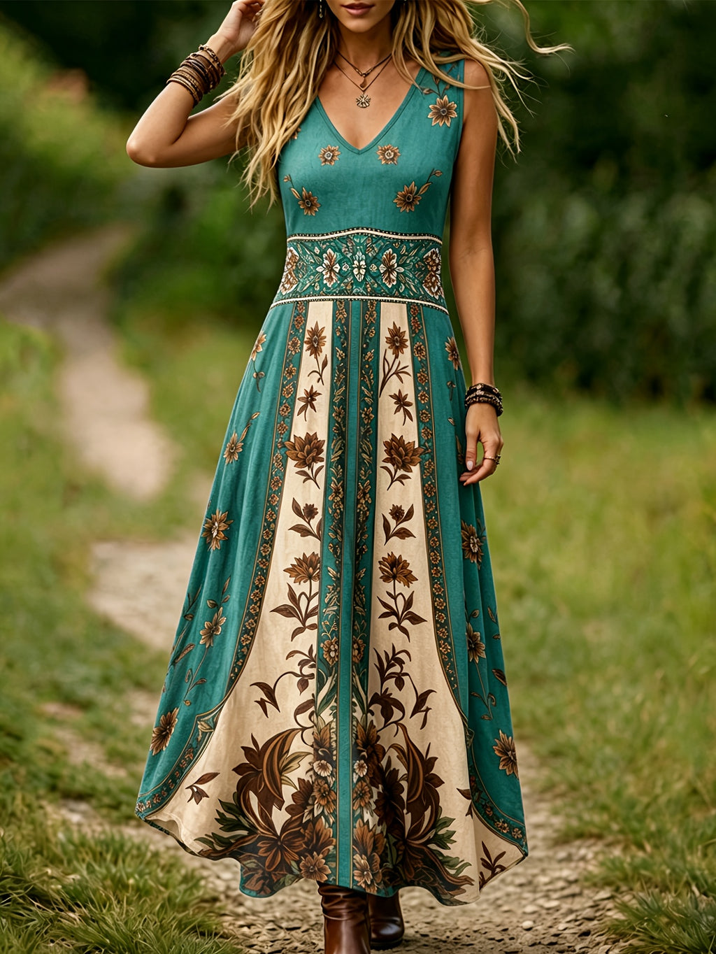 Robe longue grande taille — Imprimé botanique vert et crème