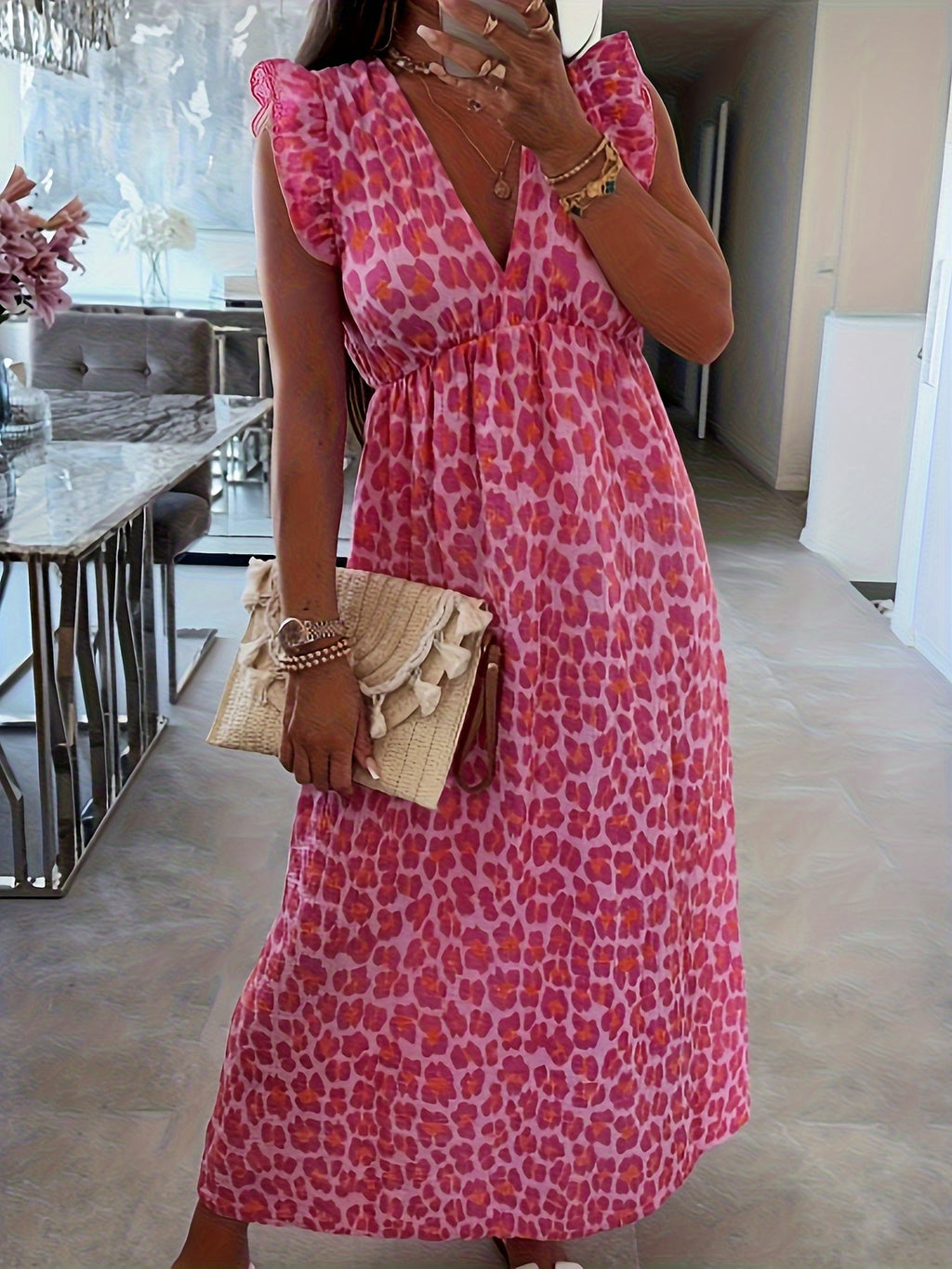 Robe longue grande taille — Léopard rose et taille haute