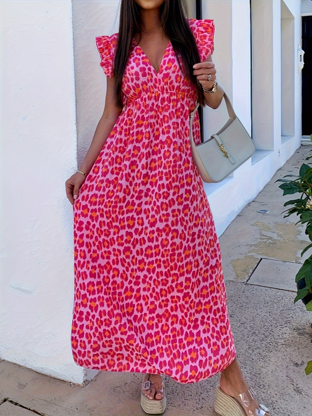 Robe longue grande taille — Léopard rose et taille haute