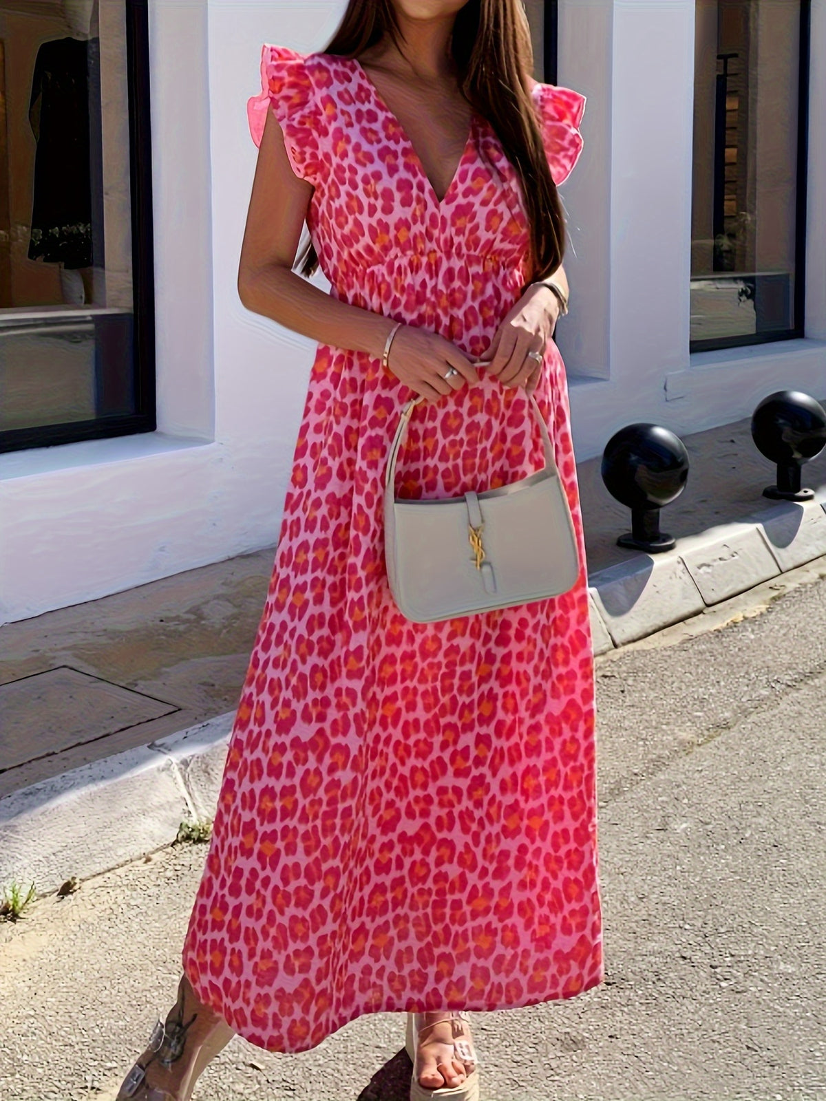 Robe longue grande taille — Léopard rose et taille haute