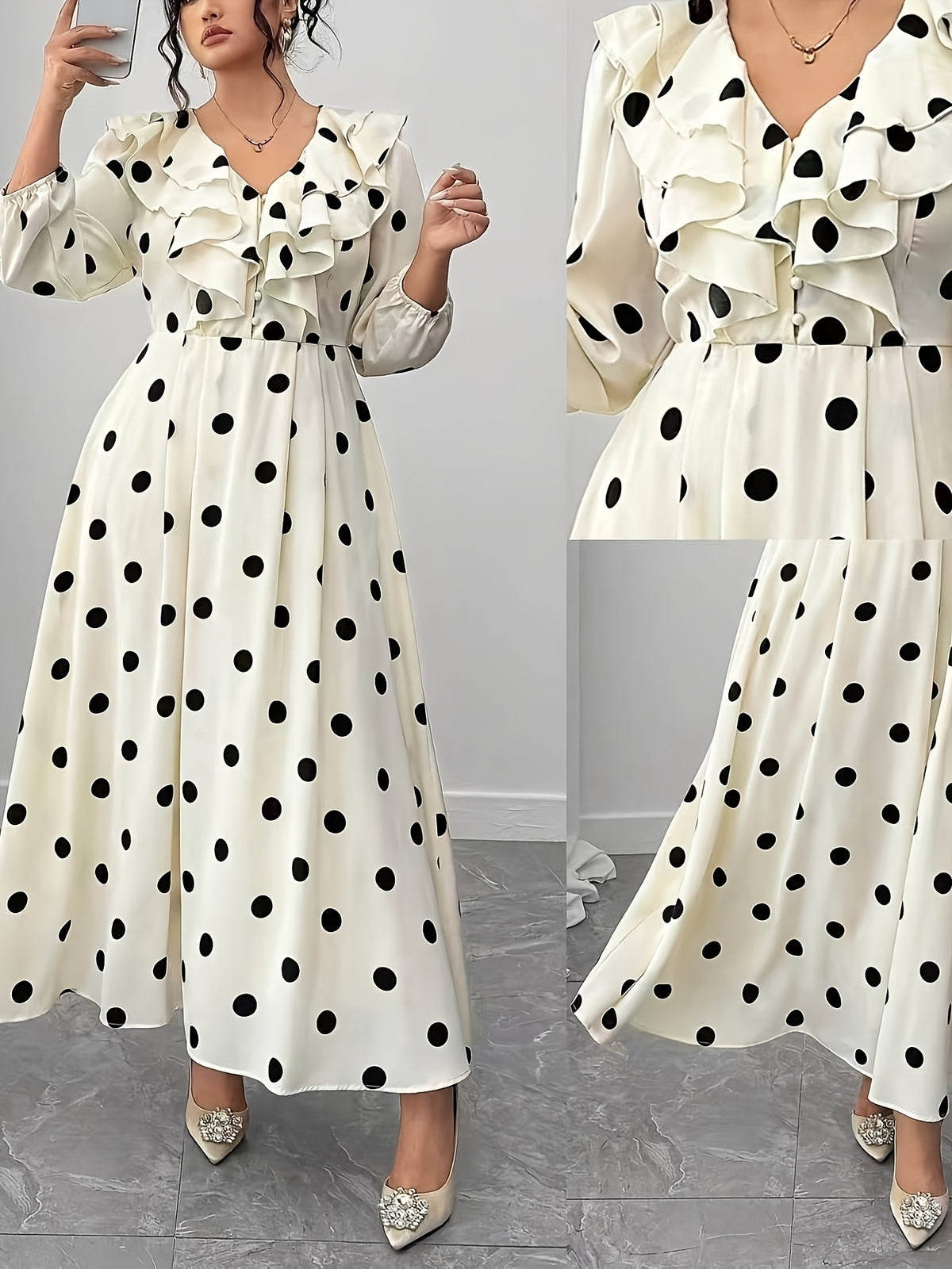 Robe longue grande taille — Gros pois noirs, col à volant