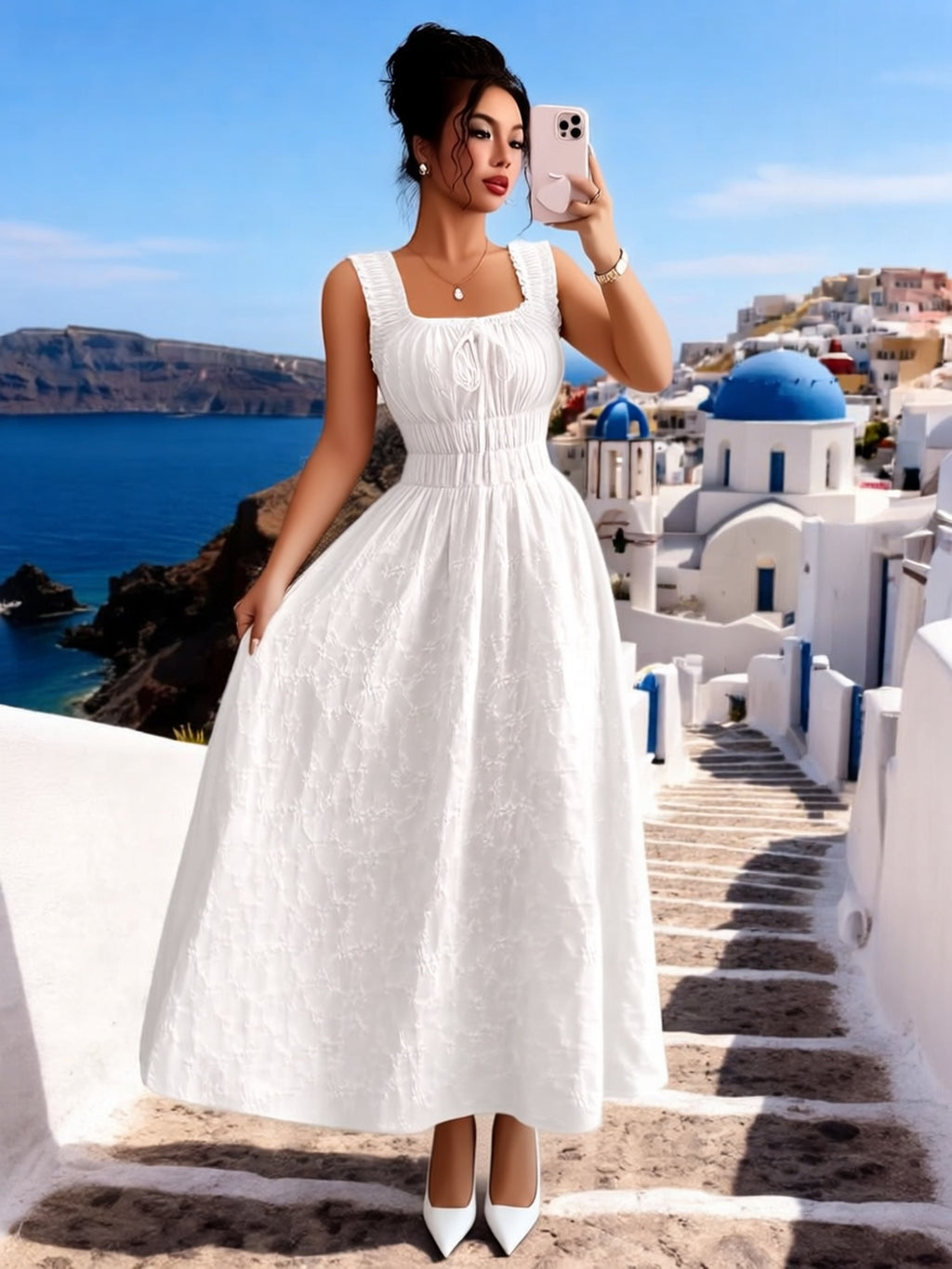 Robe longue grande taille — Jacquard blanc et taille smockée