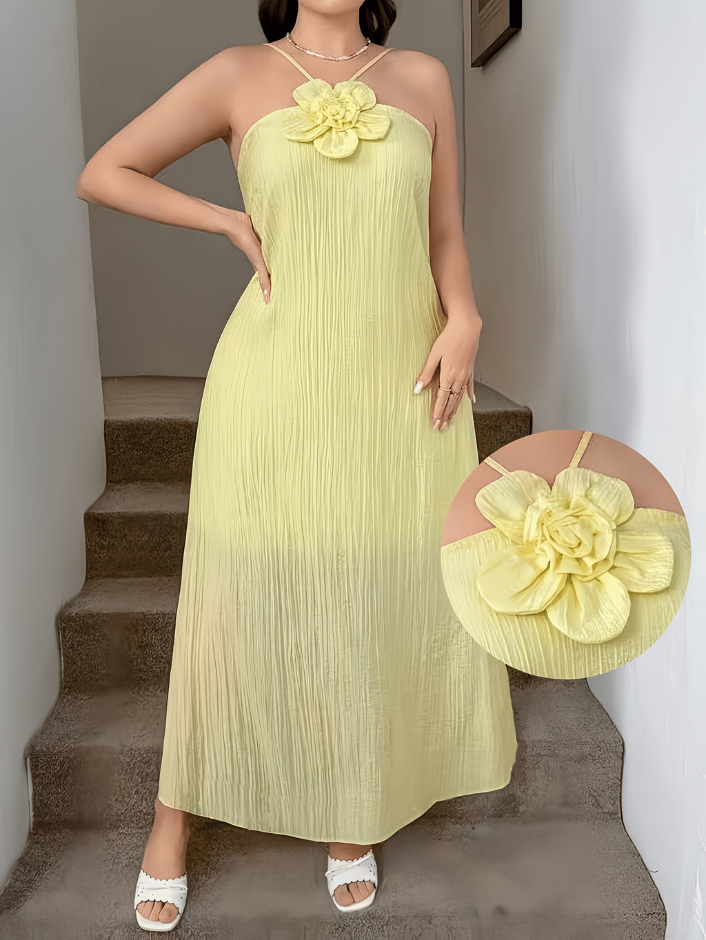 Robe longue grande taille — Voile jaune à fleur en relief