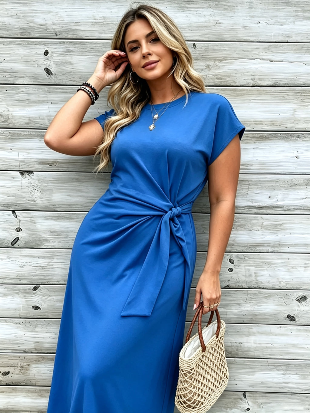 Robe longue grande taille — Jersey uni et nœud à la taille
