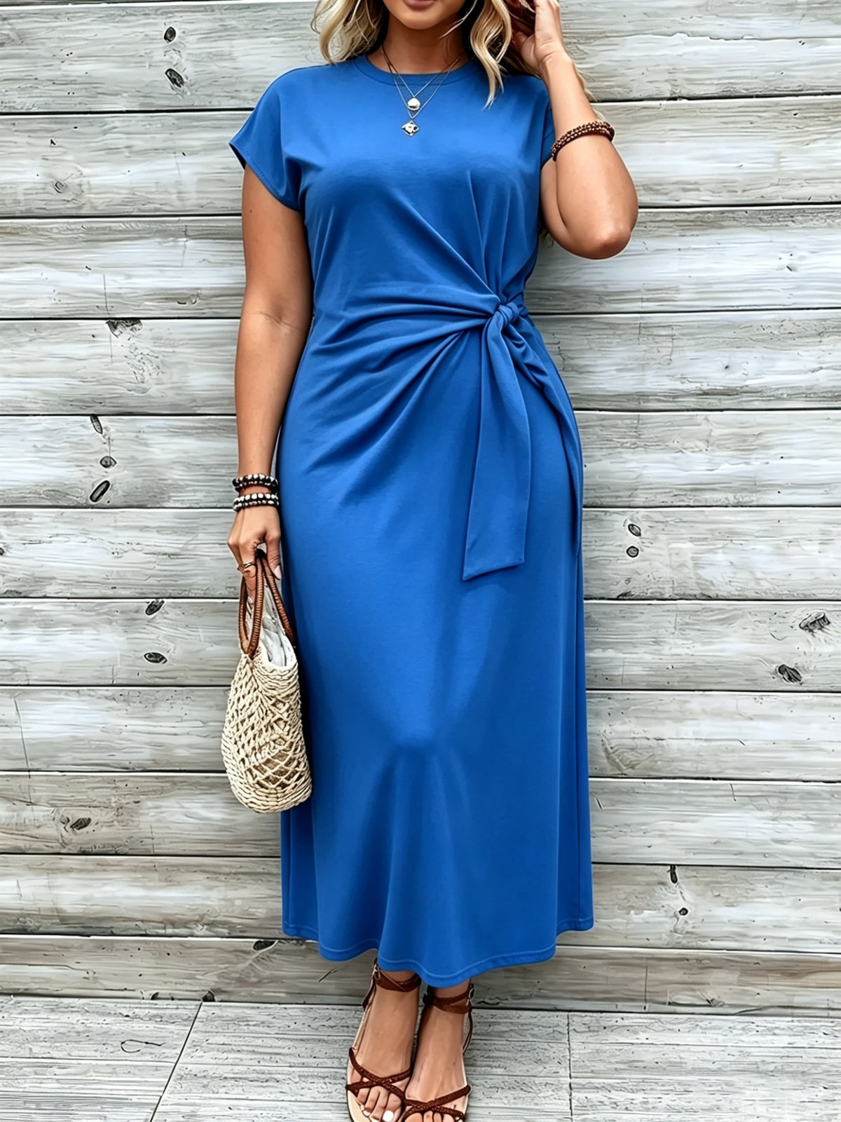 Robe longue grande taille — Jersey uni et nœud à la taille