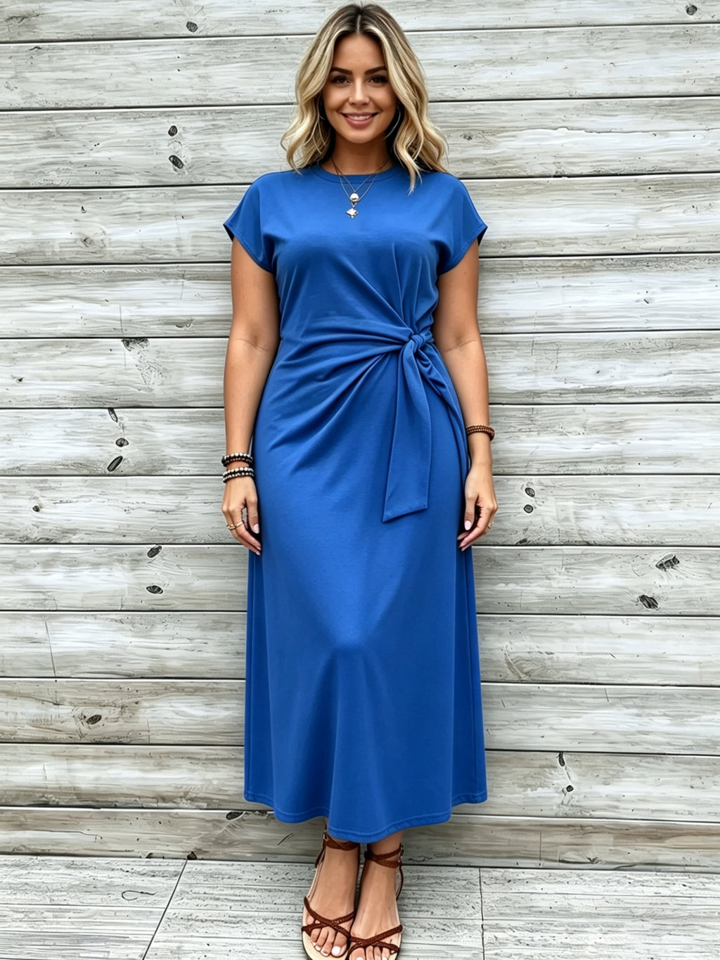 Robe longue grande taille — Jersey uni et nœud à la taille