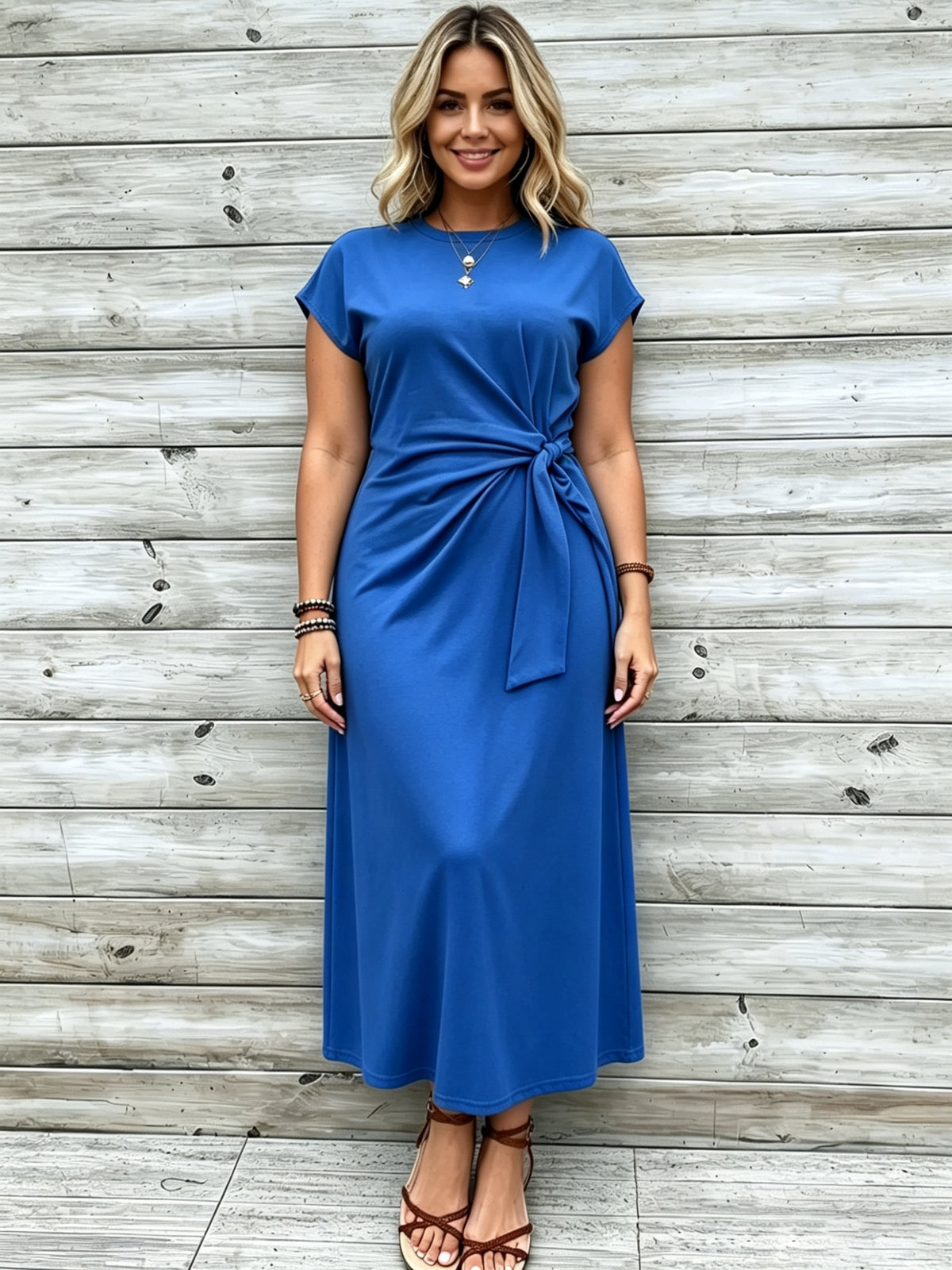 Robe longue grande taille — Jersey uni et nœud à la taille