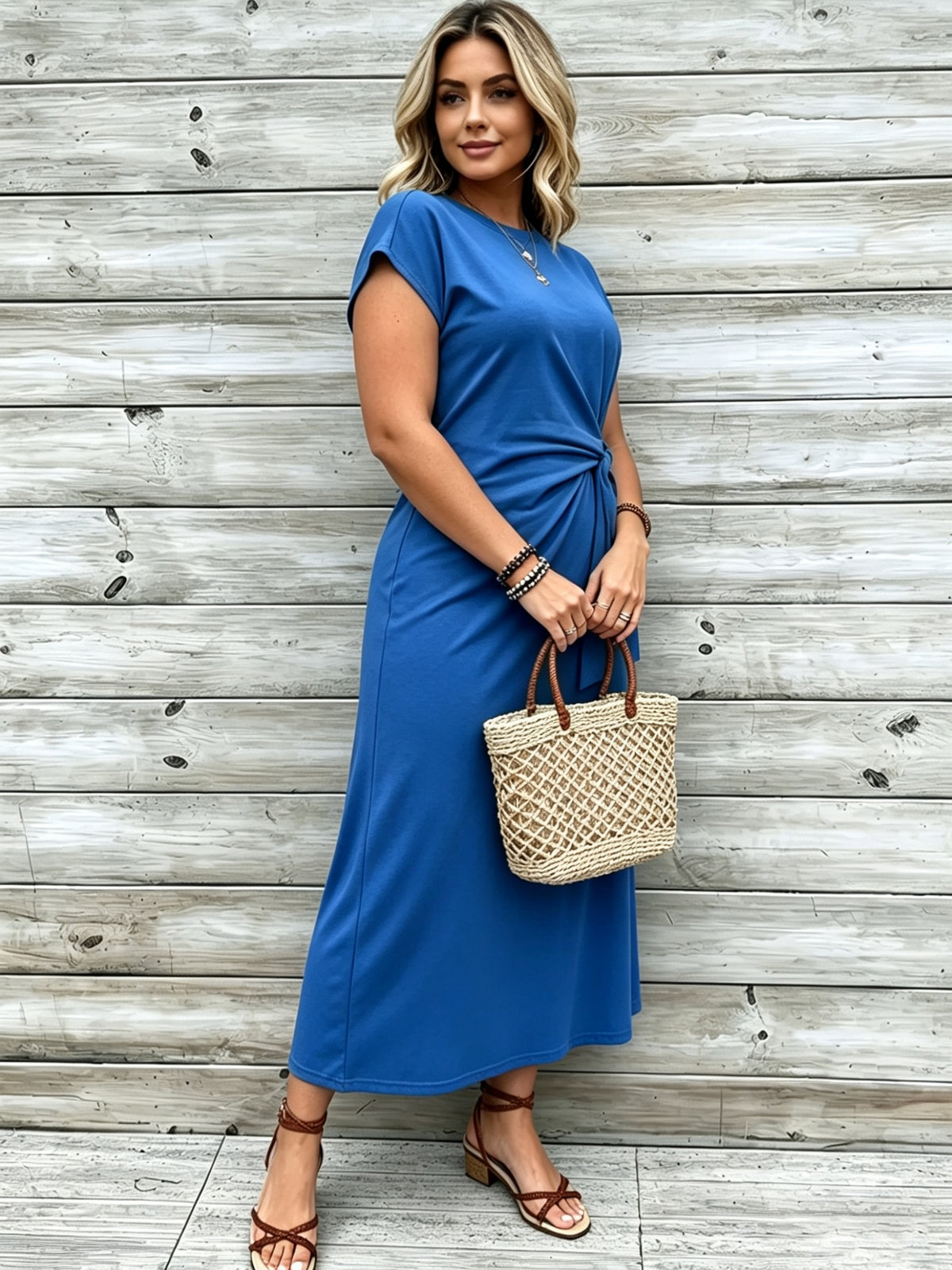 Robe longue grande taille — Jersey uni et nœud à la taille