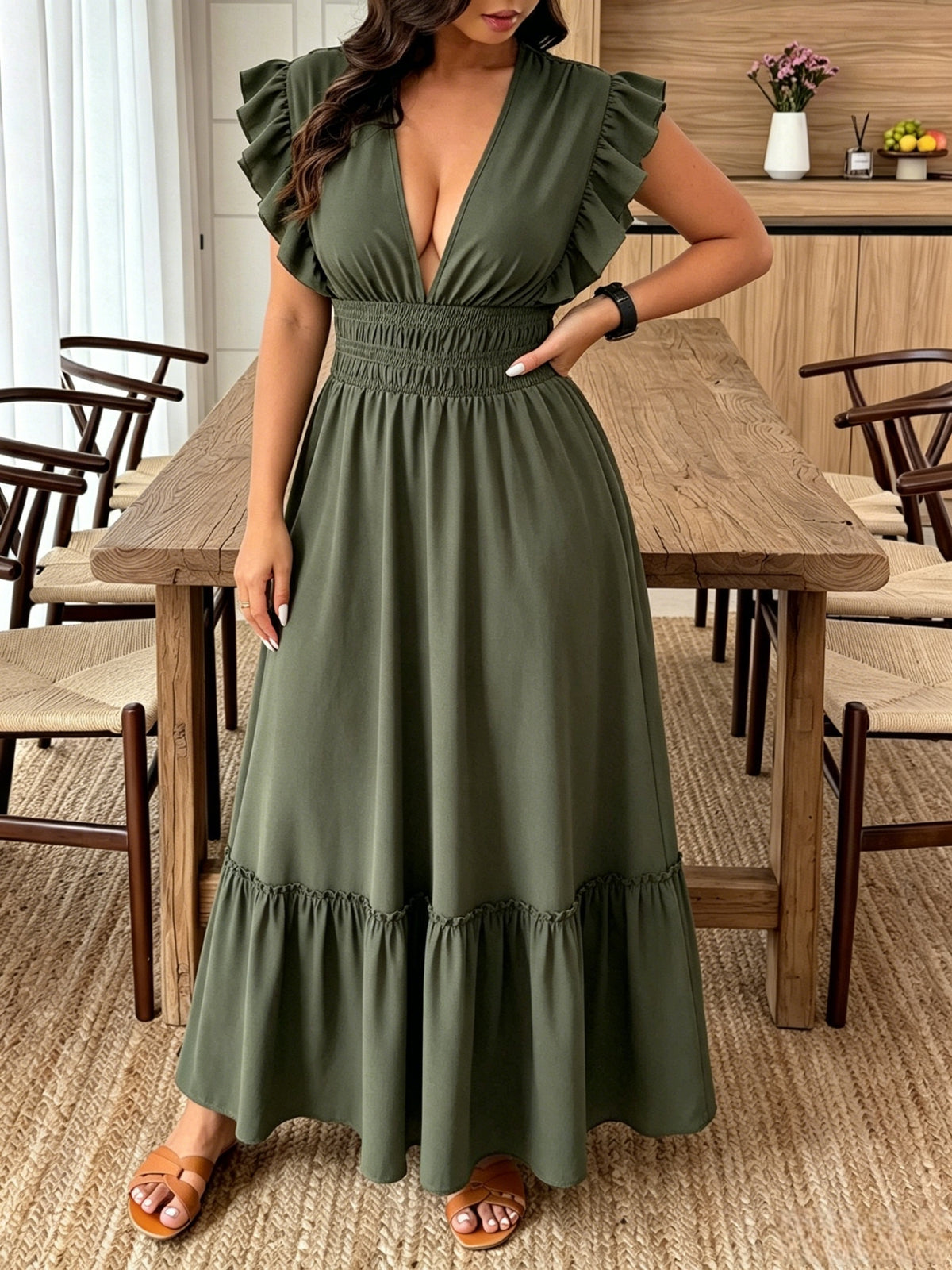Robe longue grande taille — Kaki, manches à double volant