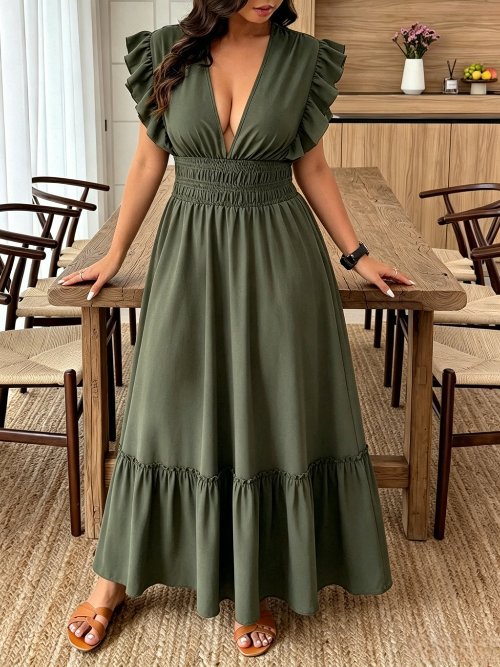 Robe longue grande taille — Kaki, manches à double volant