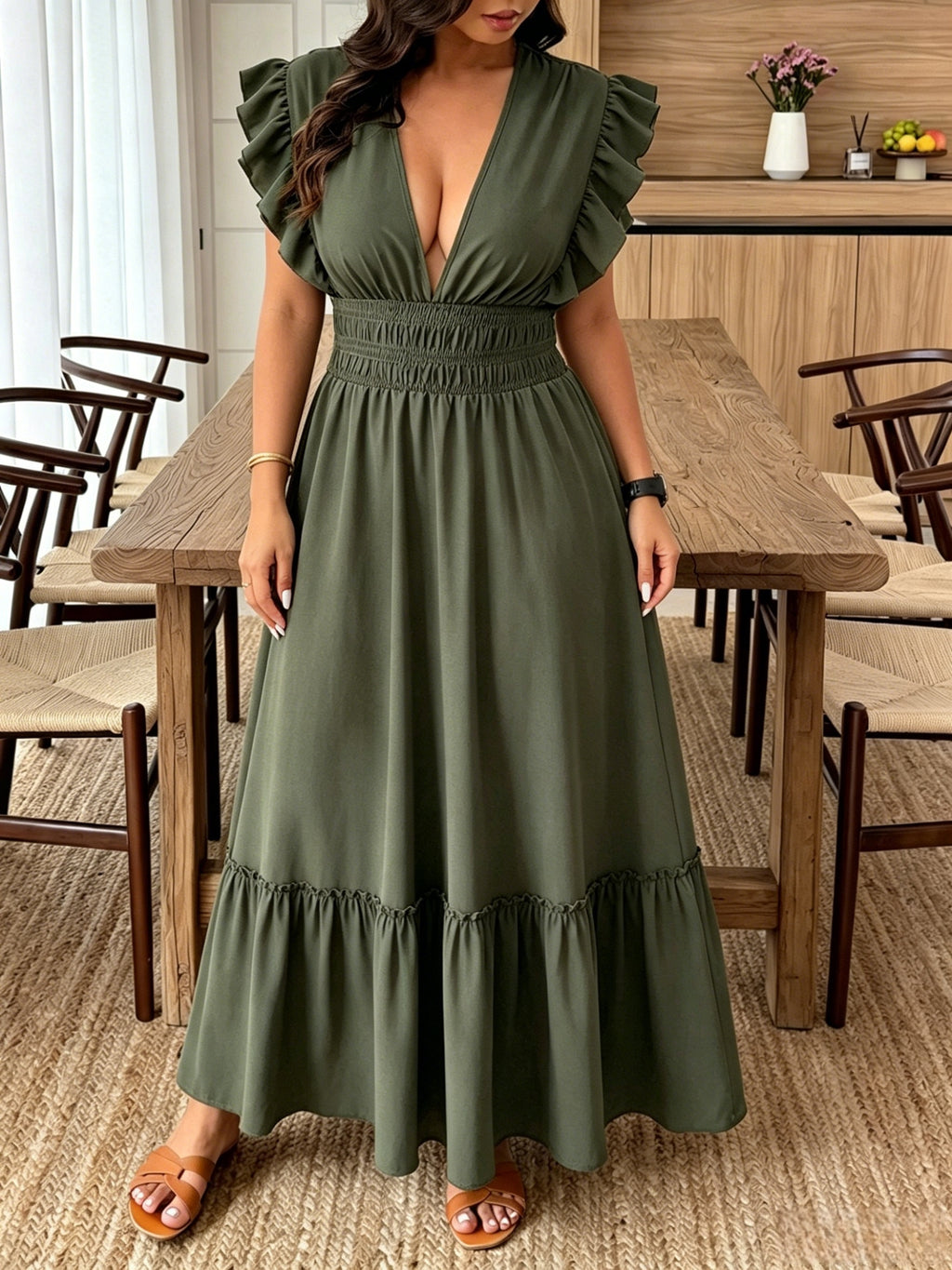 Robe longue grande taille — Kaki, manches à double volant