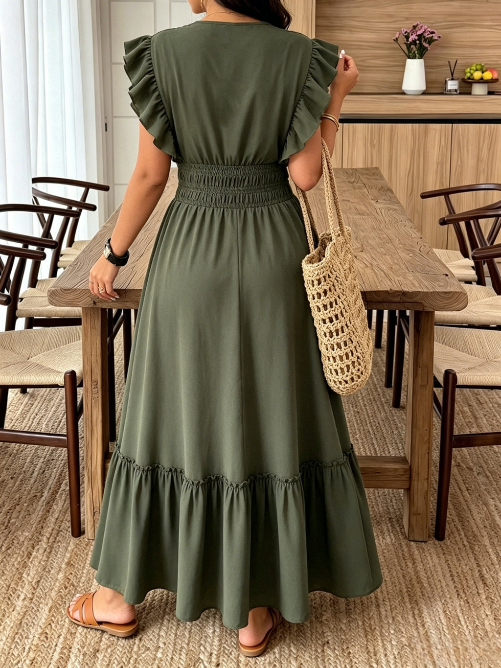 Robe longue grande taille — Kaki, manches à double volant