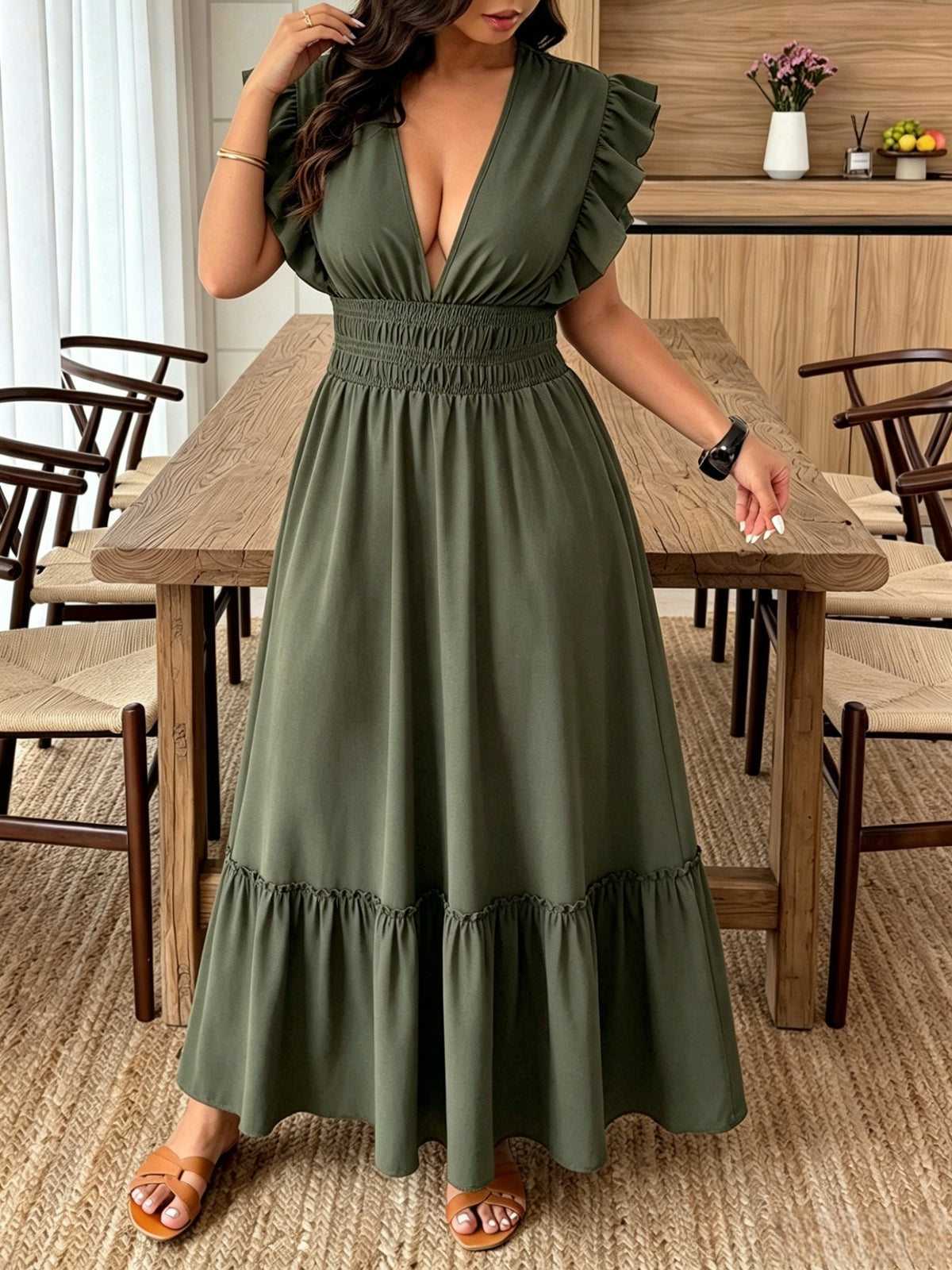 Robe longue grande taille — Kaki, manches à double volant