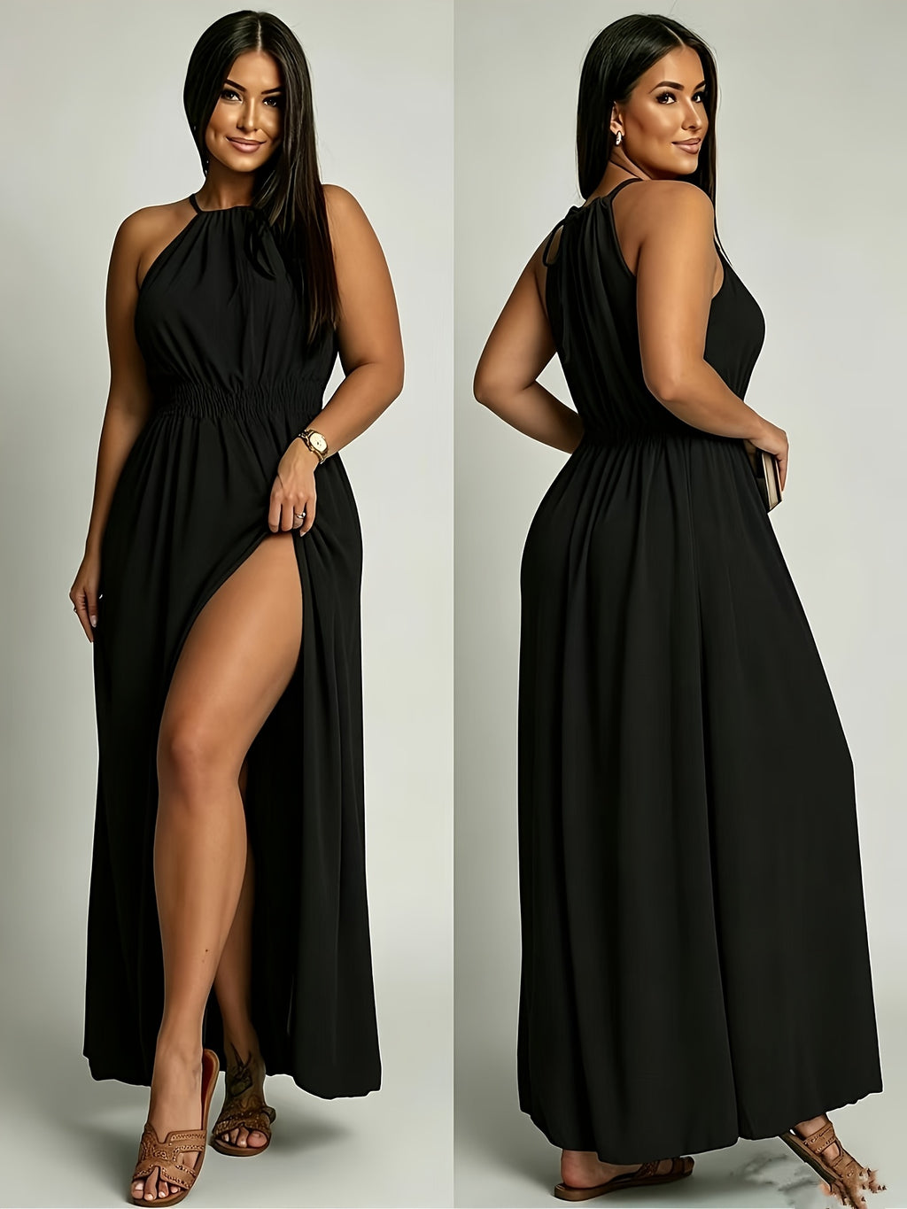 Robe longue grande taille — Noire, dos nu et fente haute