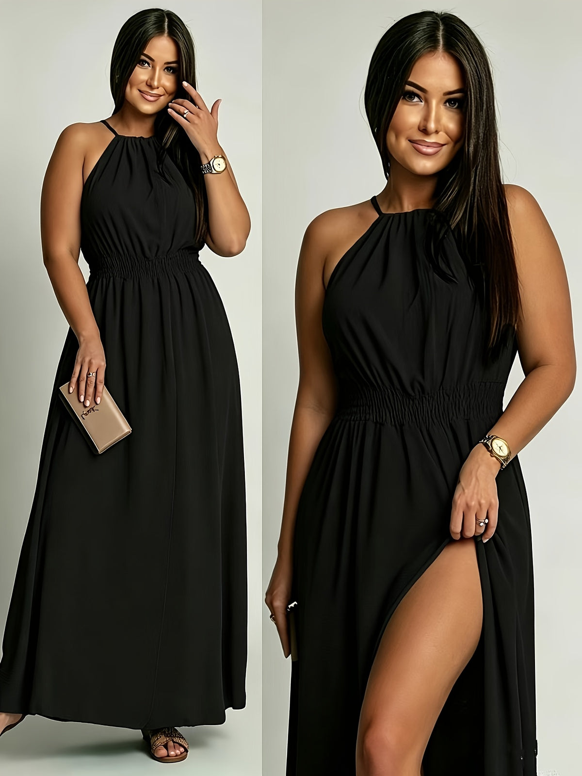 Robe longue grande taille — Noire, dos nu et fente haute