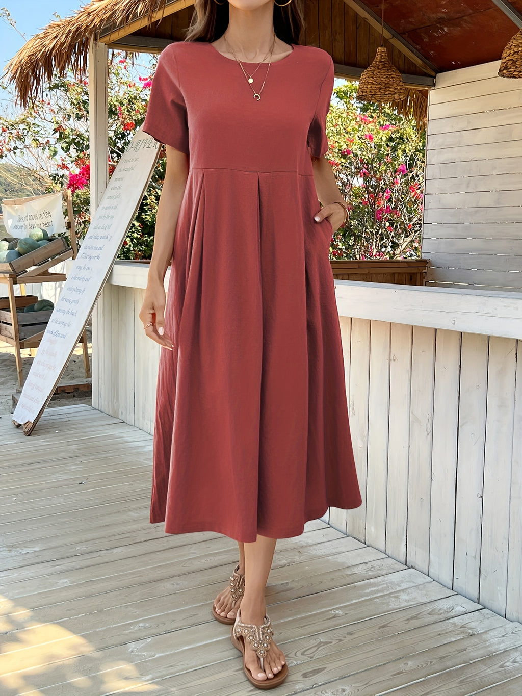 Robe longue en lin grande taille — Plis creux couchés et poches