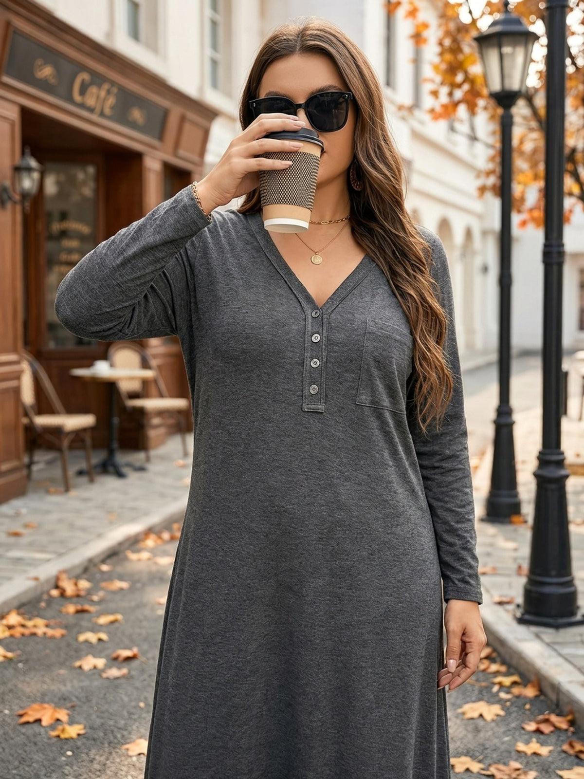 Robe longue grande taille — Patte boutonnée en maille anthracite