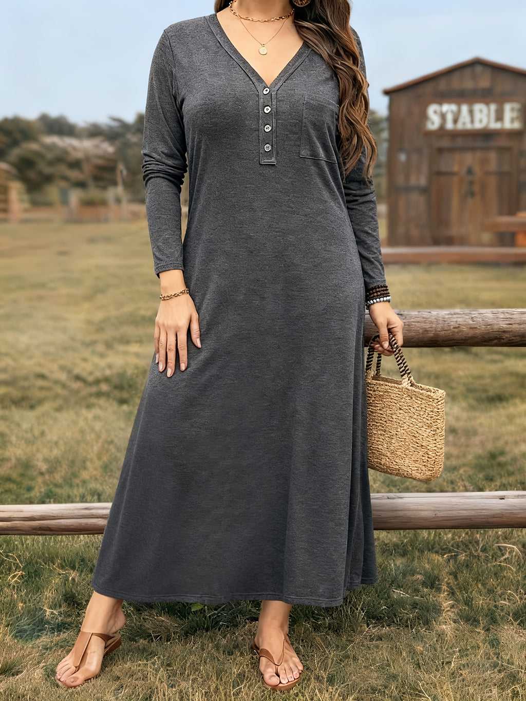 Robe longue grande taille — Patte boutonnée en maille anthracite