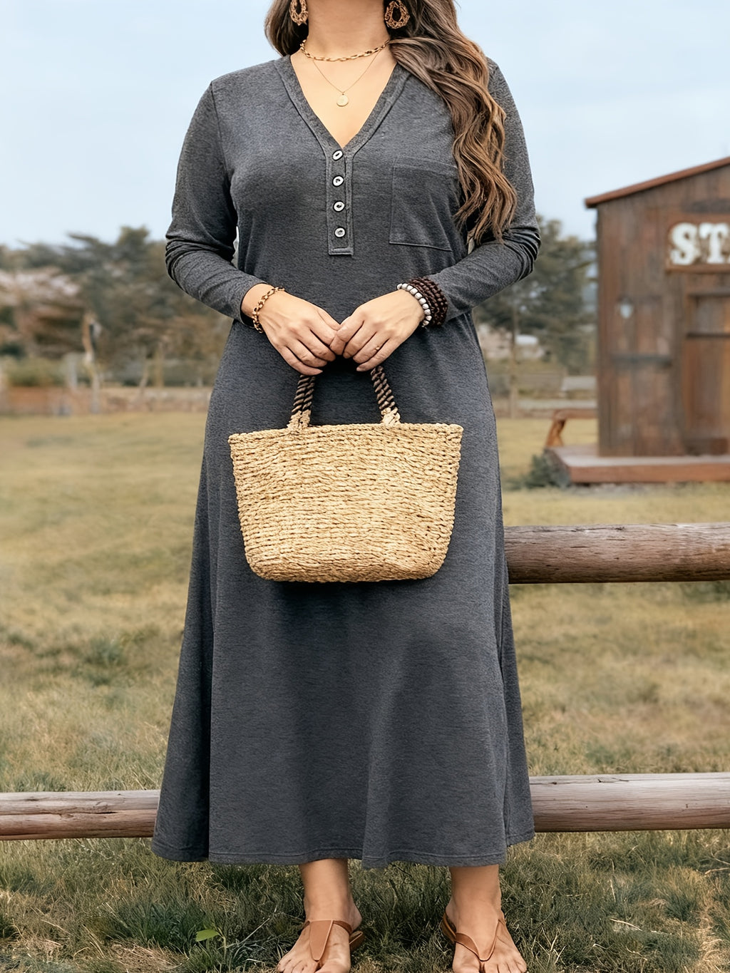 Robe longue grande taille — Patte boutonnée en maille anthracite