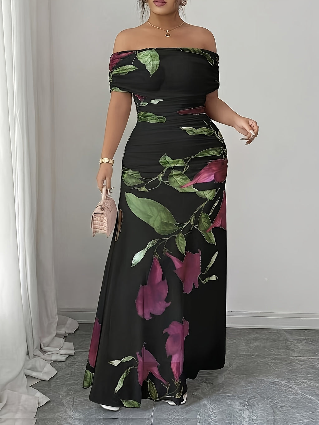 Robe longue grande taille — Maille florale et encolure bardot