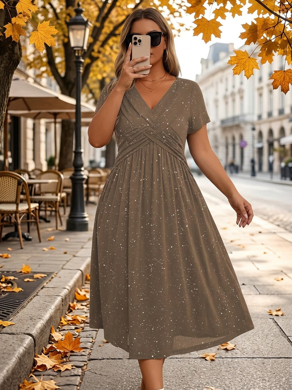 Robe longue grande taille, maille pailletée et buste croisé
