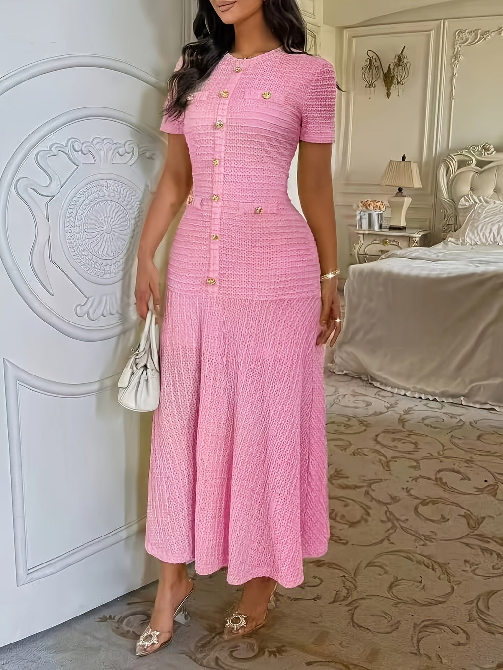 Robe longue grande taille — Maille texturée jaune boutonnée