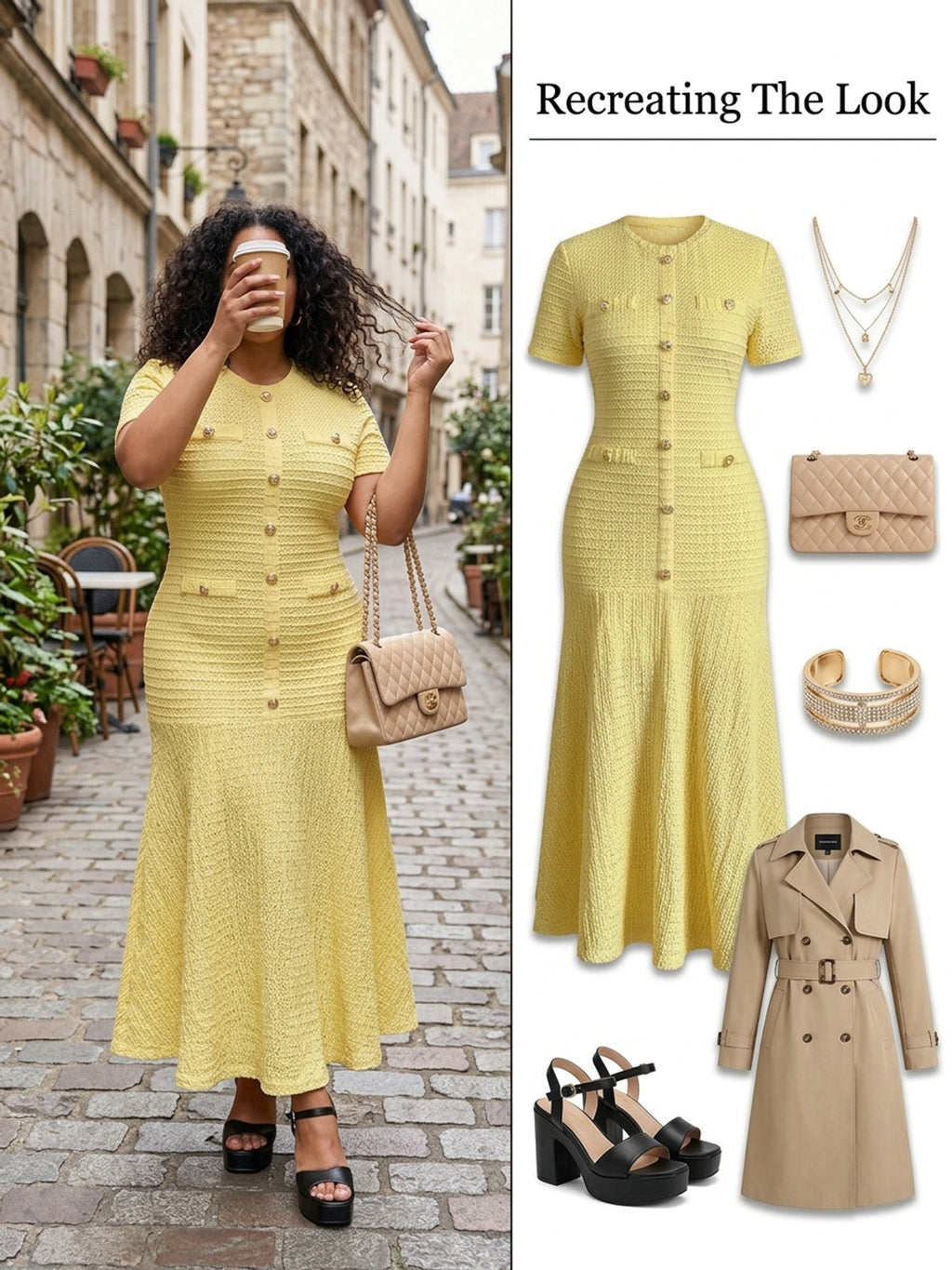 Robe longue grande taille — Maille texturée jaune boutonnée