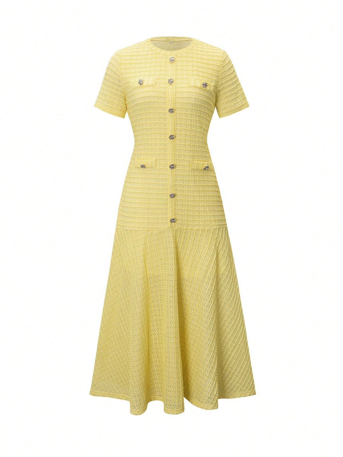 Robe longue grande taille — Maille texturée jaune boutonnée