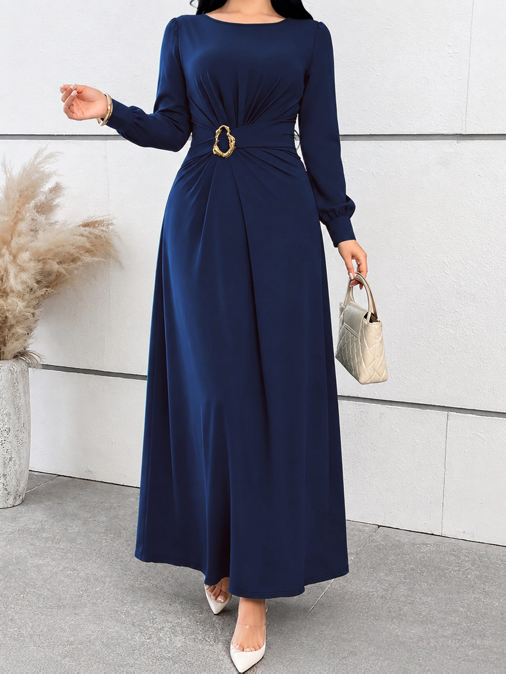 Robe longue grande taille — Marine, taille torsadée à anneau