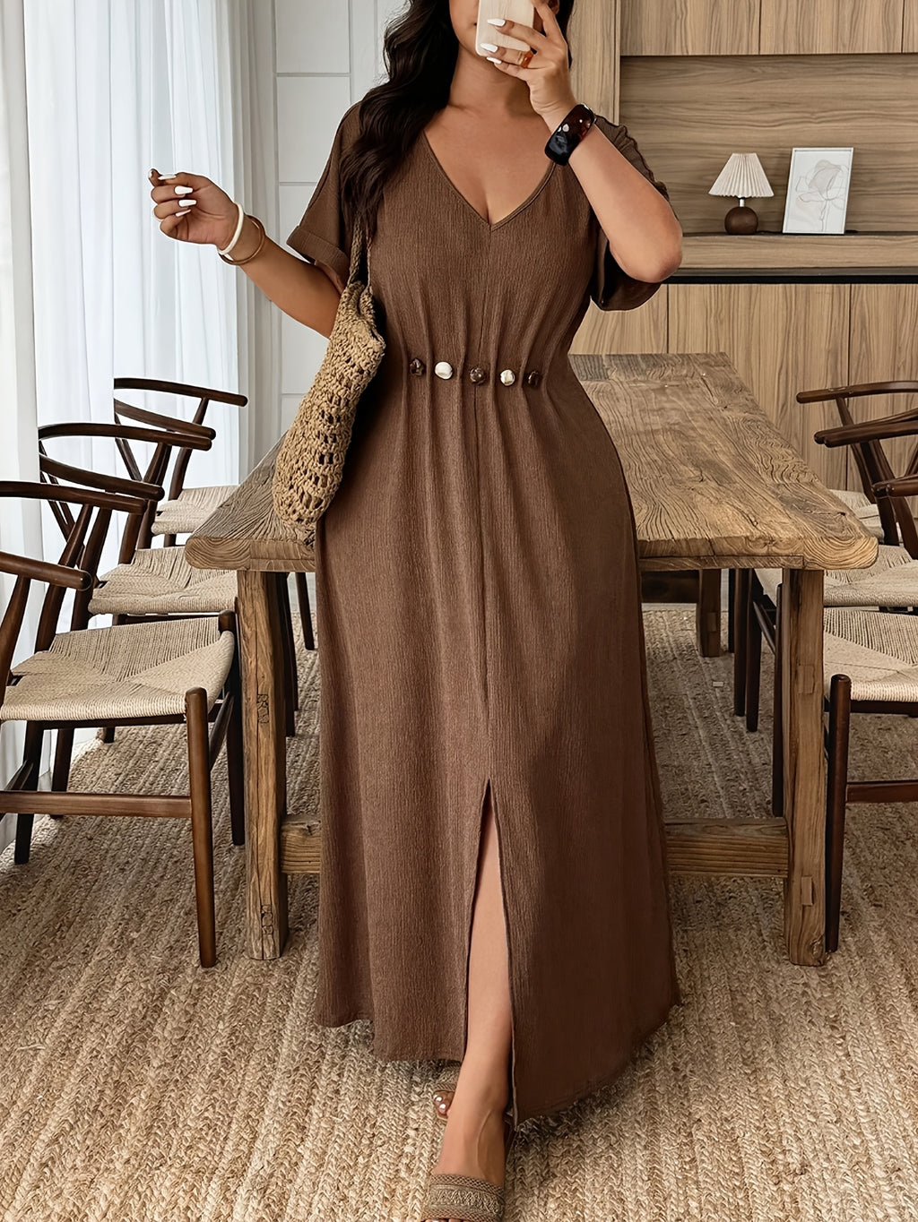 Robe longue grande taille — Marron café à boutons marbrés