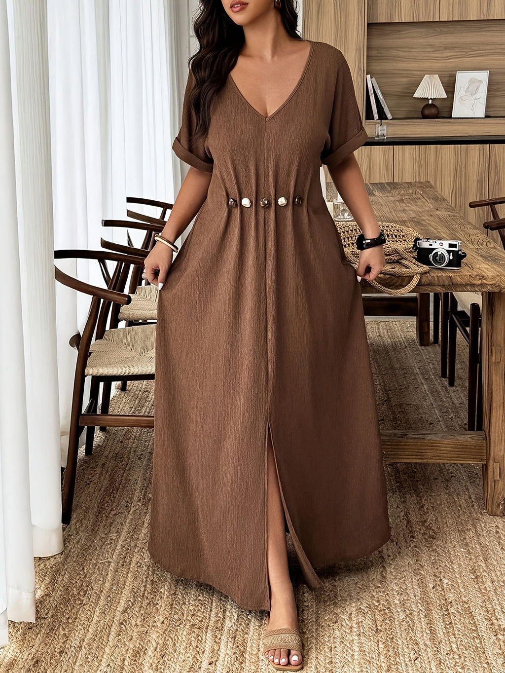 Robe longue grande taille — Marron café à boutons marbrés