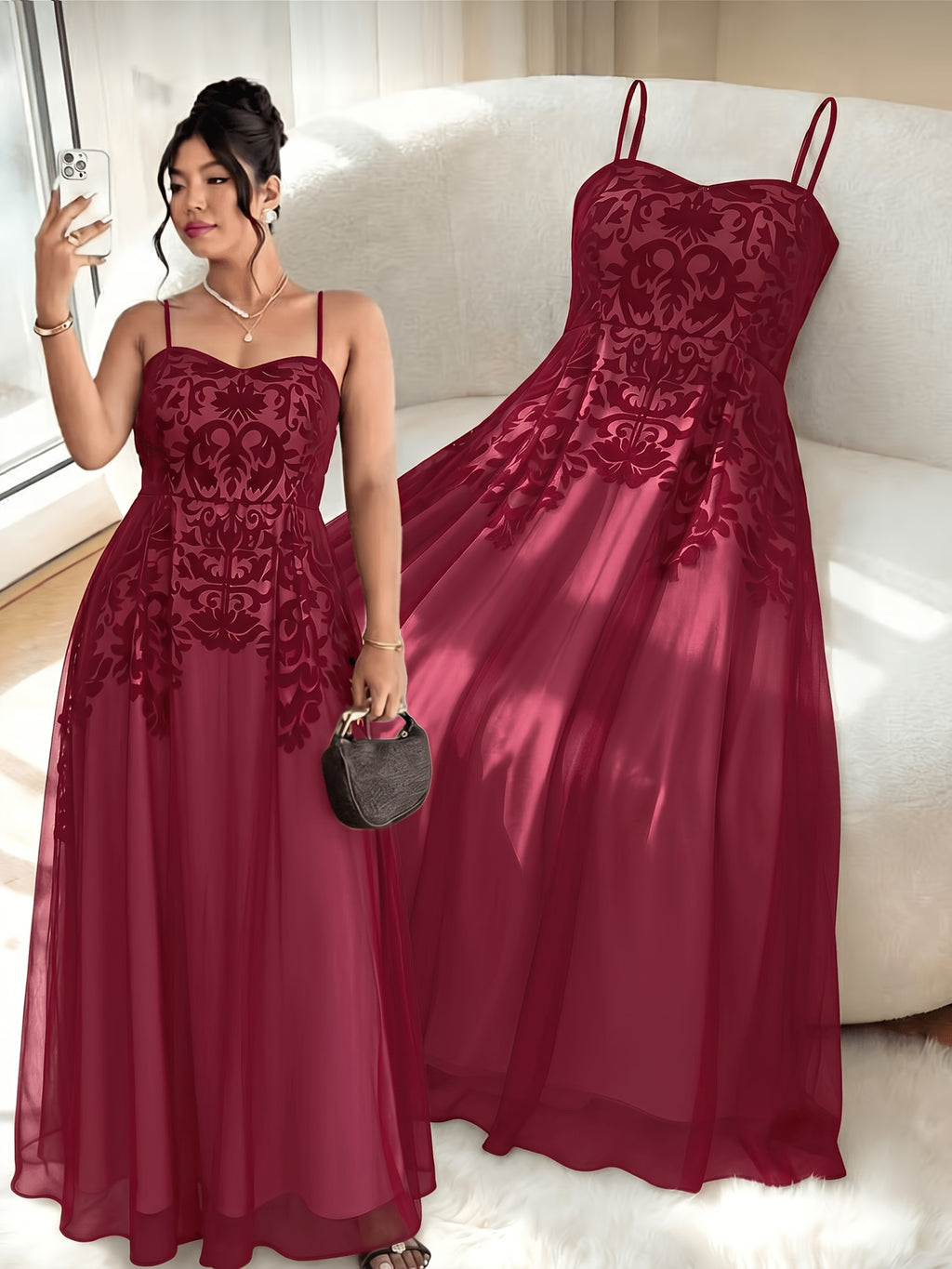 Robe longue grande taille — Motif baroque floqué sur maille