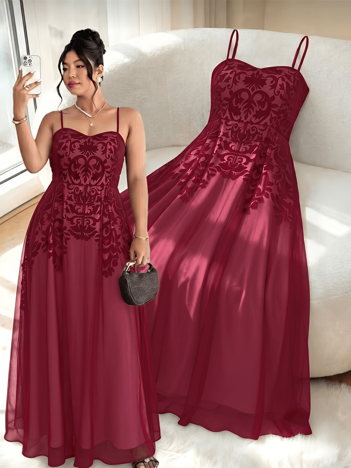 Robe longue grande taille — Motif baroque floqué sur maille