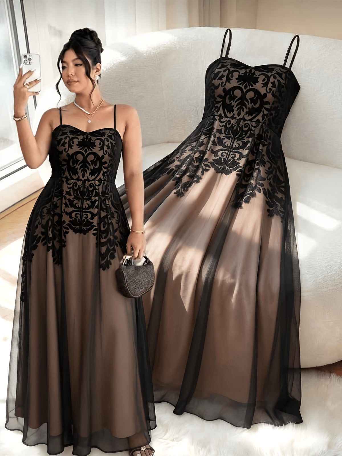 Robe longue grande taille — Motif baroque floqué sur maille