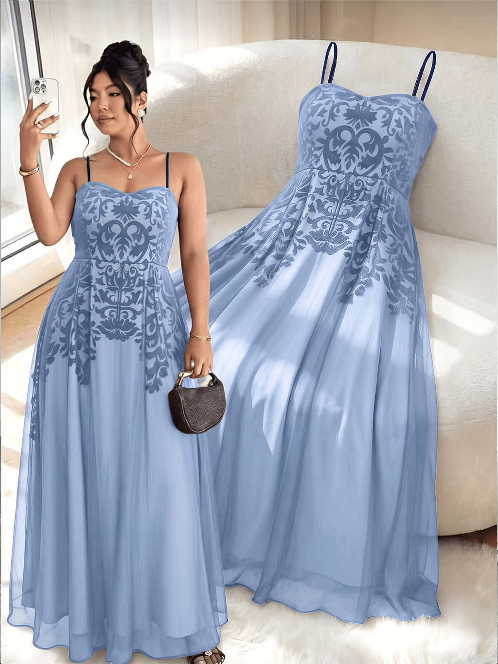 Robe longue grande taille — Motif baroque floqué sur maille