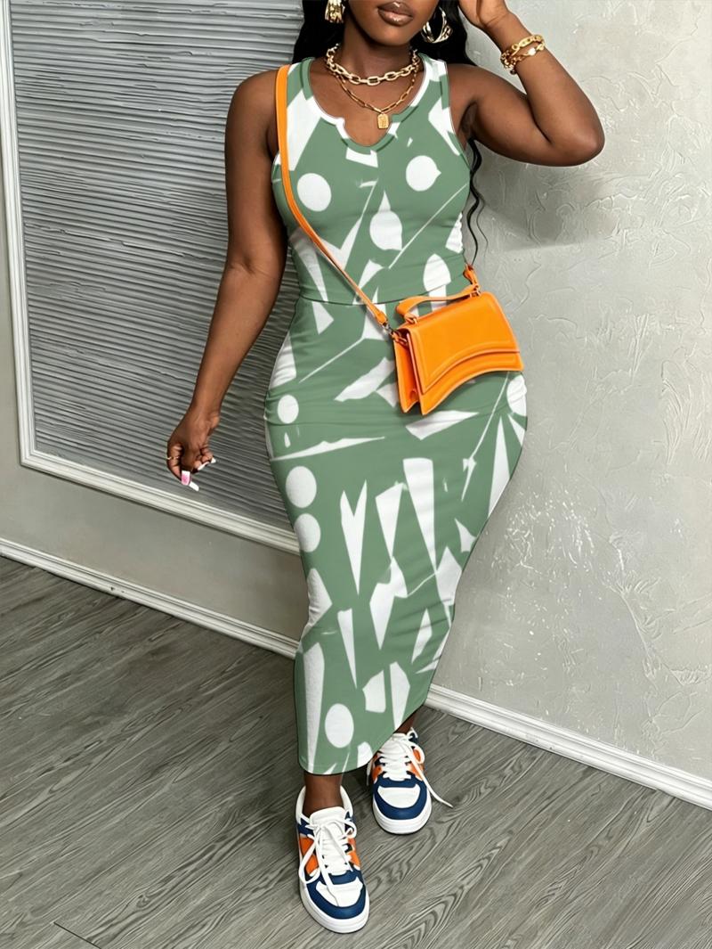 Robe longue grande taille — Motif géométrique vert et blanc