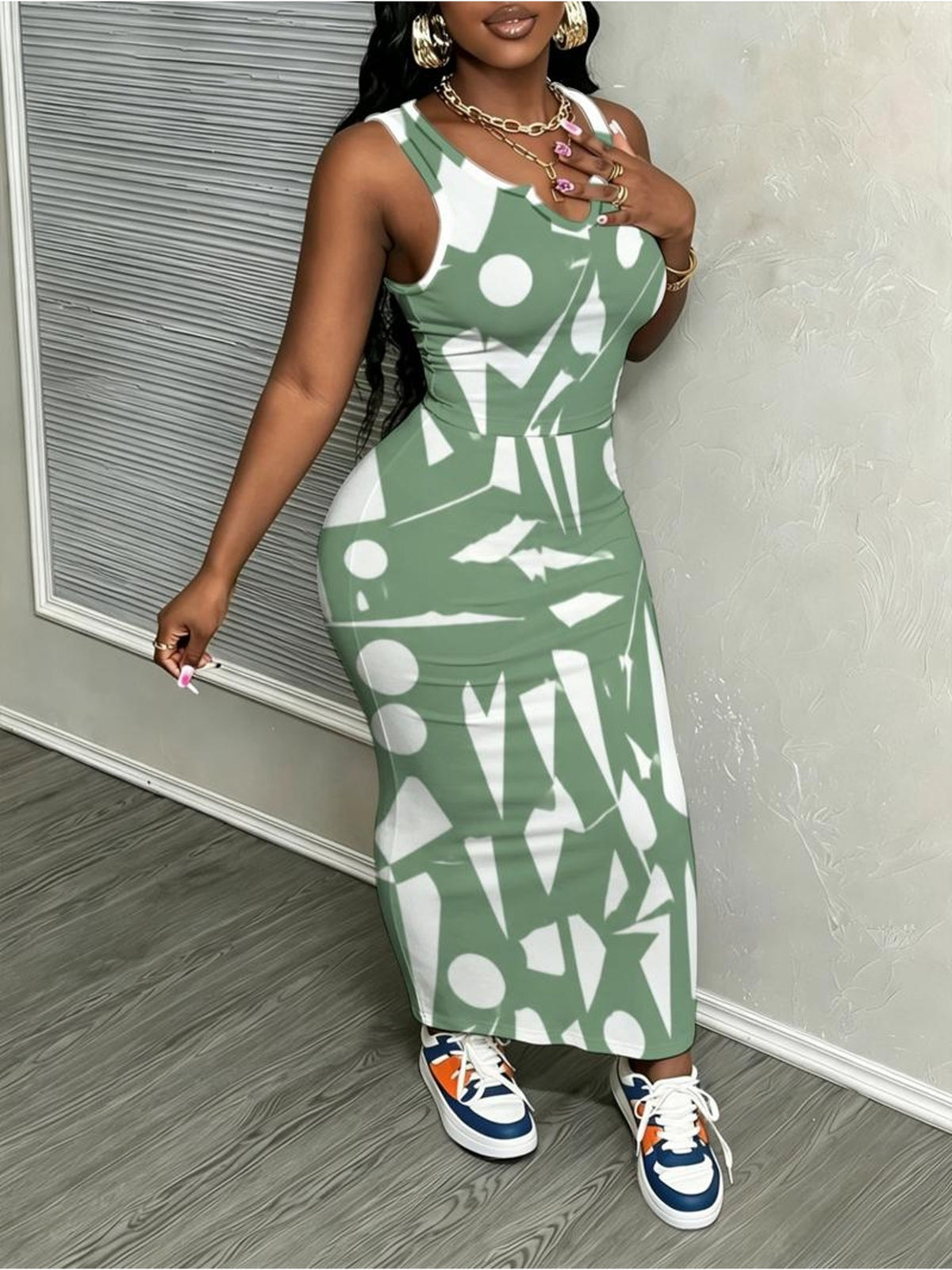 Robe longue grande taille — Motif géométrique vert et blanc