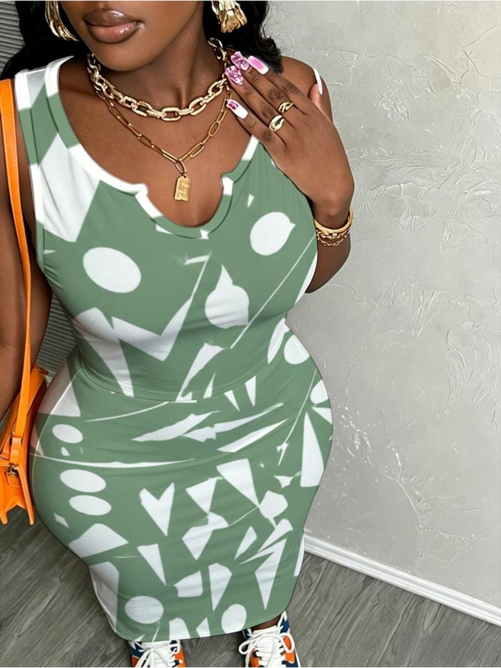 Robe longue grande taille — Motif géométrique vert et blanc