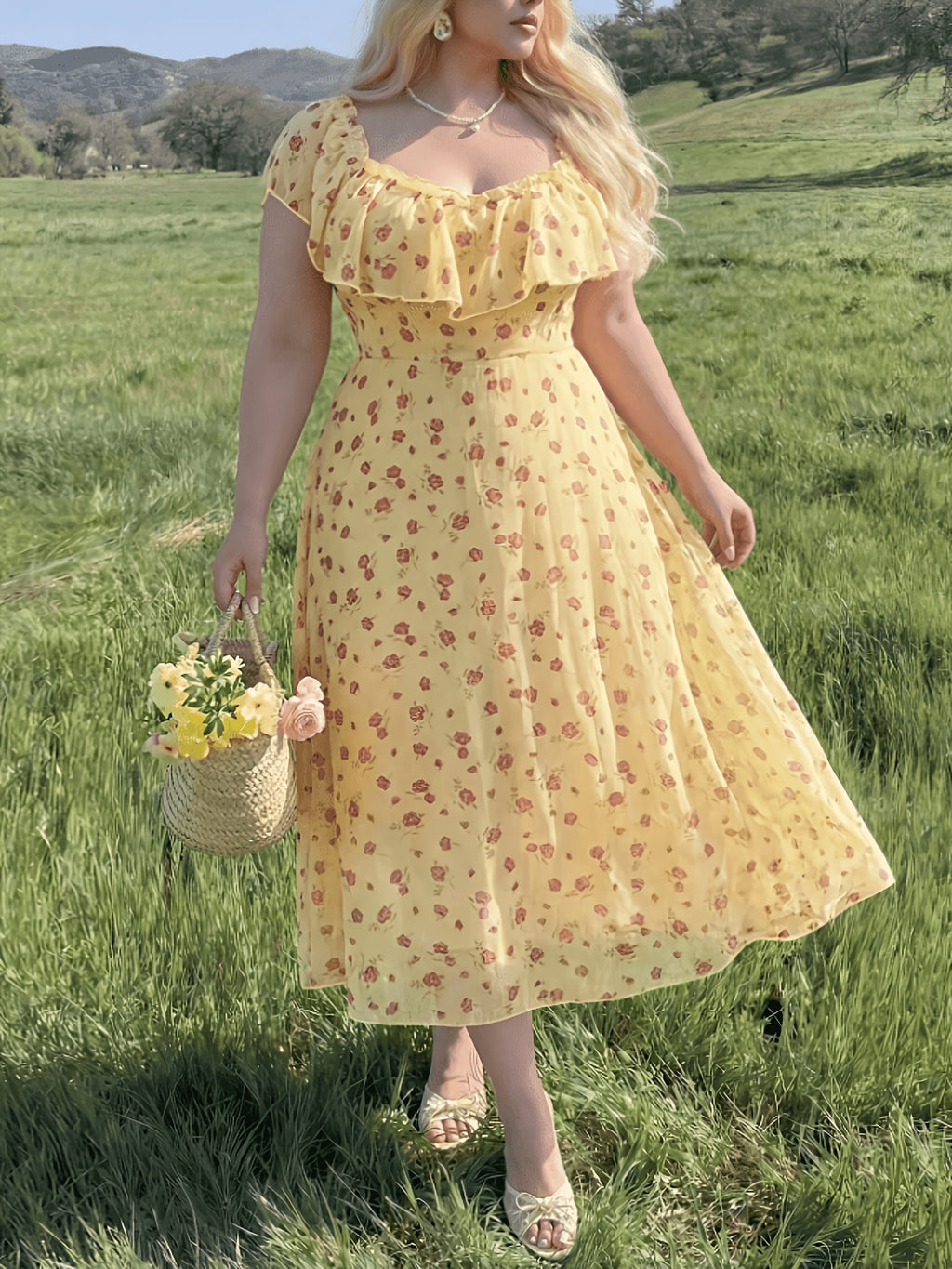 Robe longue grande taille — Petites fleurs sur mousseline jaune